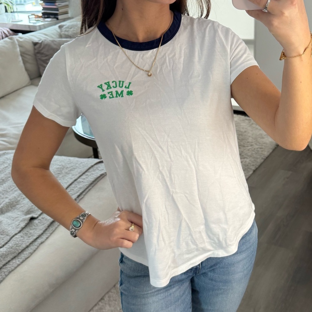 Old Navy Lucky Me White Crew Neck St. Patrick’s Day Short Sleeve T Shirt XS 🍀